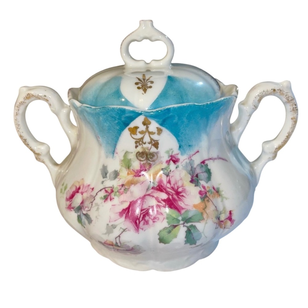 Antique Prussia Porcelain Double Handled Lidded Sugar Dish Pink Florals Elegant